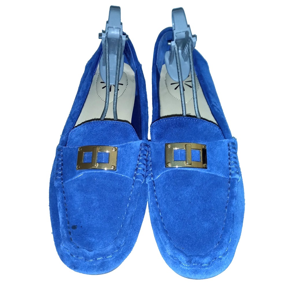 Isaac Mizrahi Live! Sz 8 Blue Suede Moccasins w/ Gold Toned Buckle Driving Shoes